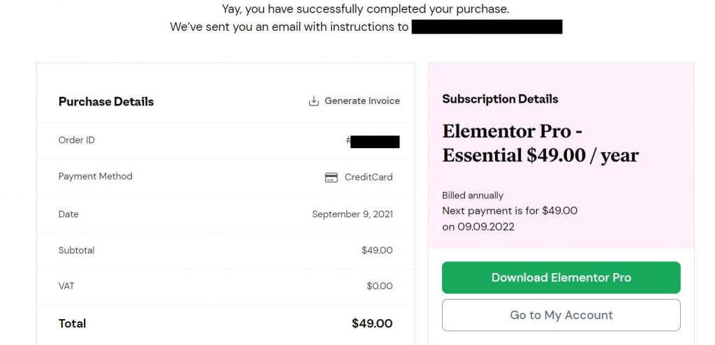 Purchased Success Elementor