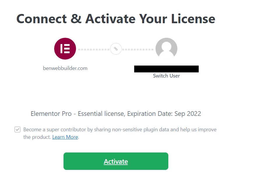 Connect and Activate Elementor